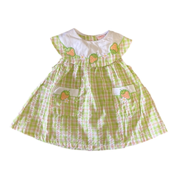 NEW Vintage Seersucker Orange Green Strawberry Plaid Collared Dress Cottagecore - Picture 1 of 6